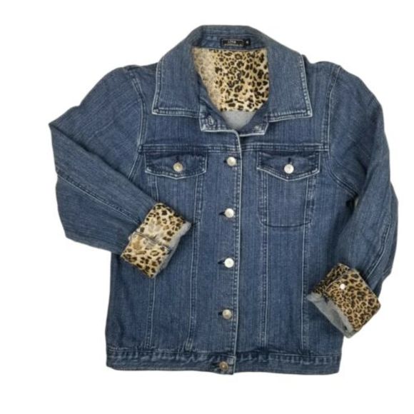 Lisa International Womens Small Denim Stretch Jacket Blue Jean Leopard Flip Cuff - Picture 3 of 12